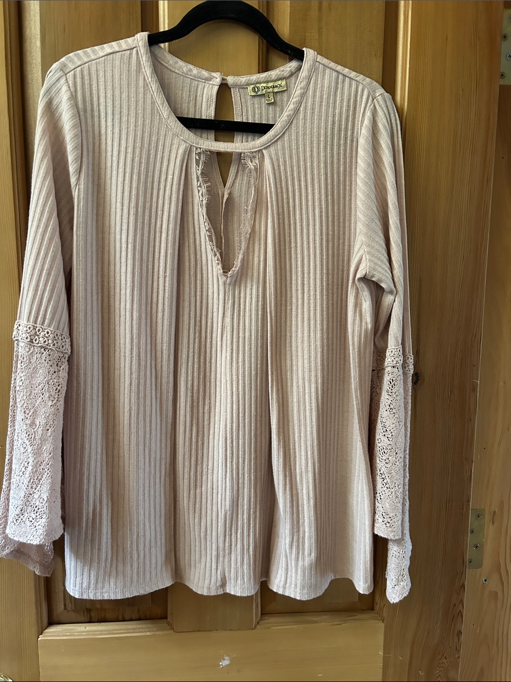 Democracy Blush Ribbed Lace-Sleeve Keyhole Tunic